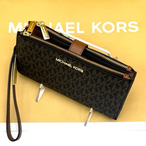 Michael Kors Double Zip Wallet Wristlet Brown Signature - Picture 6 of 8